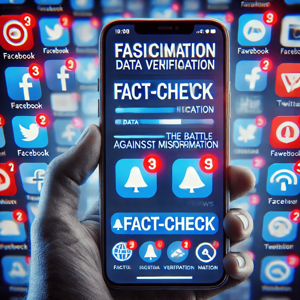Una representación visual de una pantalla de móvil con redes sociales como Facebook y Twitter mostrando notificaciones de advertencia sobre desinformación, junto con íconos de verificación de datos.