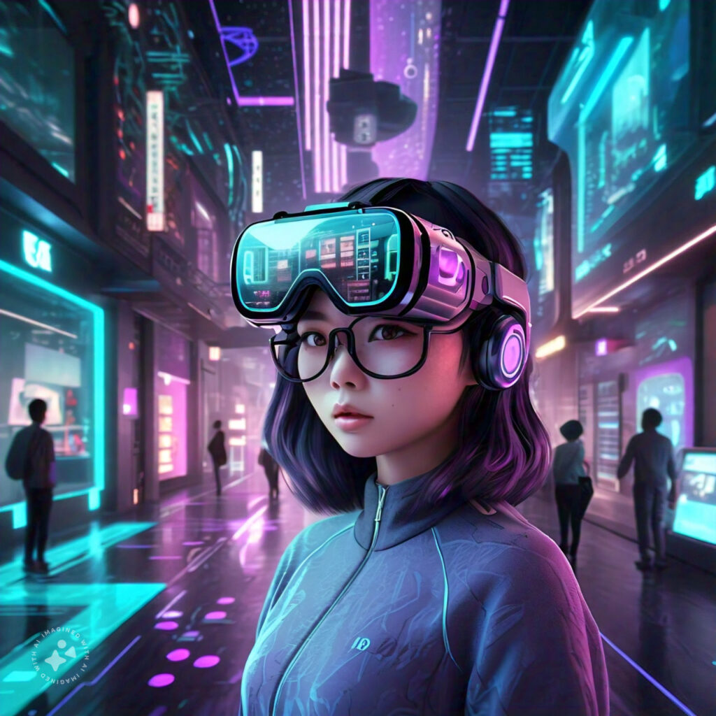 Crea una imagen impactante de un entorno futurista en el metaverso: una ciudad digital inmersiva con avatares de personas usando gafas VR y AR. Incluye edificios holográficos y espacios virtuales para entretenimiento, educación y compras. La paleta de colores debe incluir tonos azulados y morados para reflejar un ambiente de ciencia ficción, y resaltar la integración de tecnología con la vida diaria.