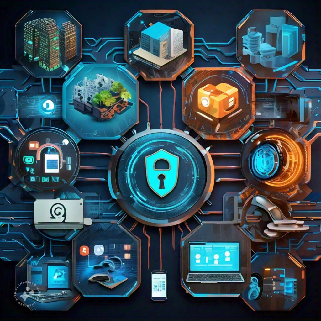 Una representación visual futurista de la ciberseguridad en el ecosistema IoT, mostrando dispositivos conectados en una red digital protegida por capas de encriptación y algoritmos de seguridad avanzados. Ilustración en tonos azules y metálicos, con elementos como ciudades inteligentes, vehículos conectados y dispositivos médicos, todos interconectados y resguardados en un entorno cibernético seguro.